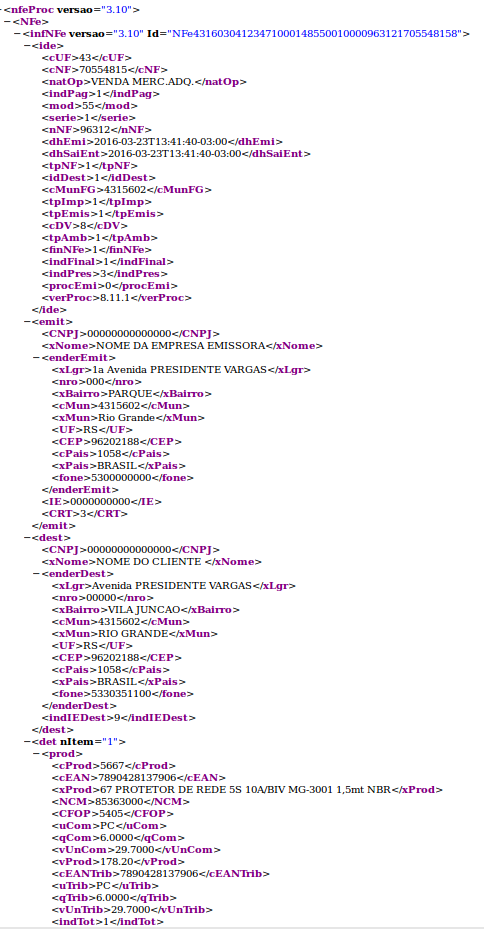 Exemplo de Arquivo XML de NFe