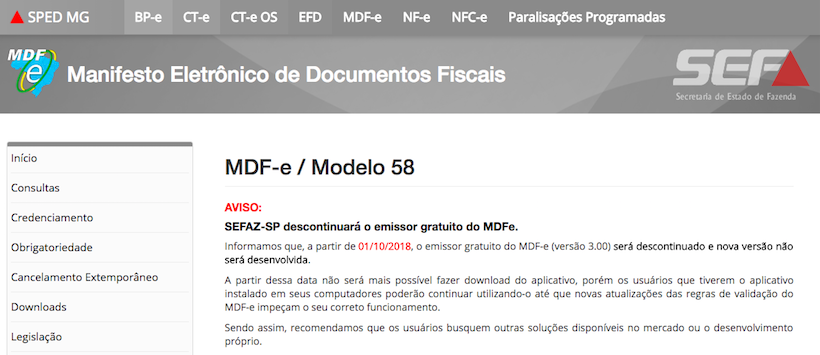 Notifica do fim do emissor gratis de MDF-e SEFAZ/MG